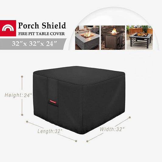 Porch Shield Fire Pit Cover - Waterproof 600D Heavy Duty Fade Resistant Square Patio Fire Pit Table Cover Black - 32 x 32 x 24 inch
