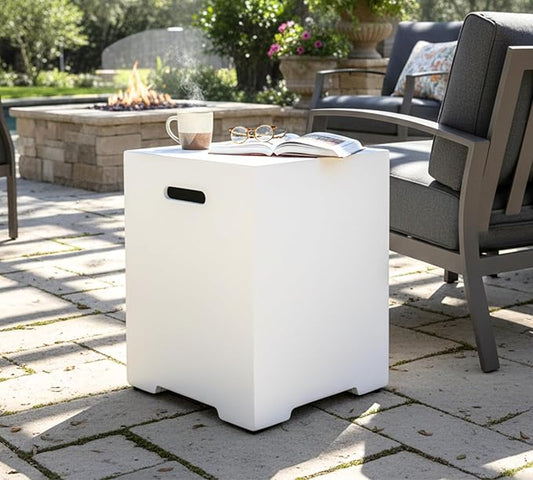16-Inch Propane Tank Cover,20 LB Outdoor Tank Storage Hideaway Side Table for Gas Fire Pits,Light Concrete Tank Holder,White