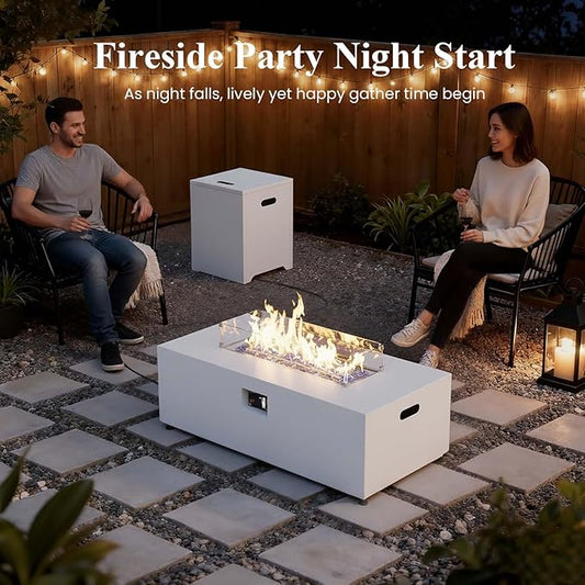 LayinSun 42 Inch Outdoor Fire Pit Table for Outside Patio, 55000BTU Rectangle Propane Firepit with Hidden Fuel Tank, Glass Wind Guard, Waterproof Cover and Lid