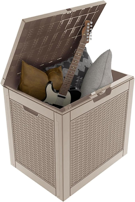 30 Gallon Deck Box Large Outdoor Storage for Patio Furniture,Outdoor Cushions,Garden Tools and Pool Supplies,Waterproof,Resin,Lockable(Grey Rattan)