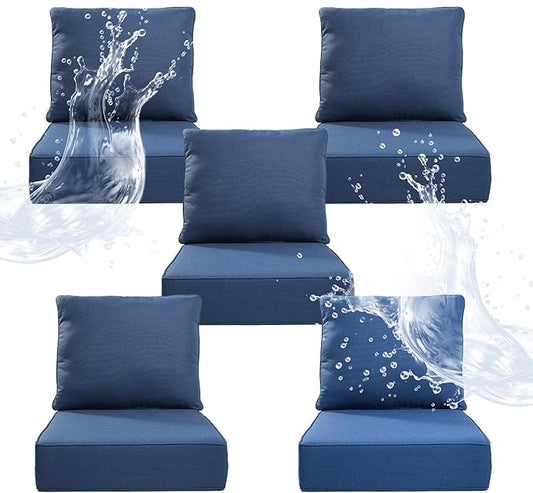 Luxury 6" Thicker Outdoor Chair Cushion 5 Sets - 24" *24" *6" Waterproof Patio Furniture Cushions with Removable Cover, 28D High Density Sponge Filling Thicken Outdoor Patio Cushions - Blue