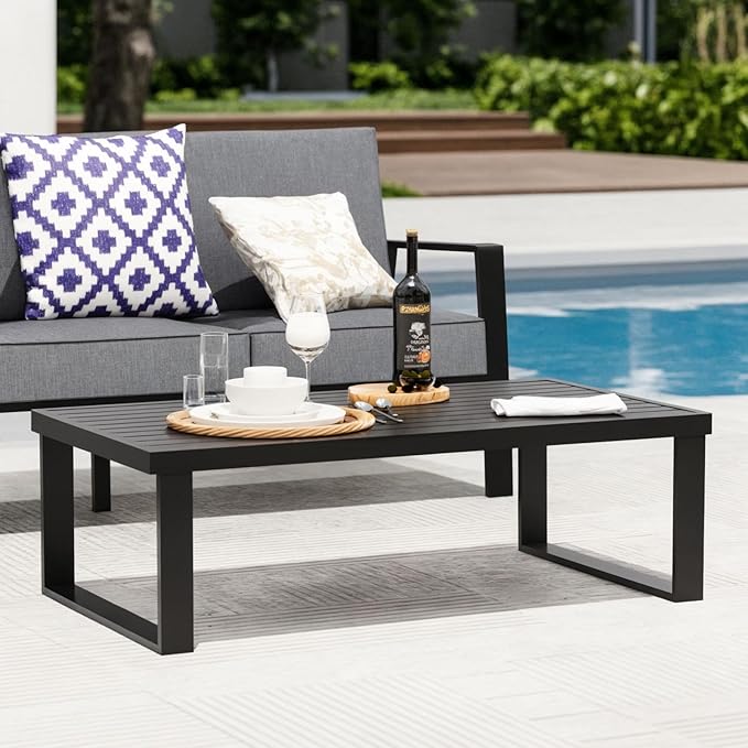 Aluminum Outdoor Patio Coffee Table for for Deck, and Poolside (Black, All-Aluminum)