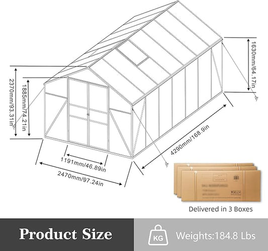 KEIKI 8x14 FT Polycarbonate Greenhouse for Outdoors, Heavy-Duty Walk-in Aluminum Greenhouse with Anchor Base, Light-Transmitting Panels & Drainage System, Black