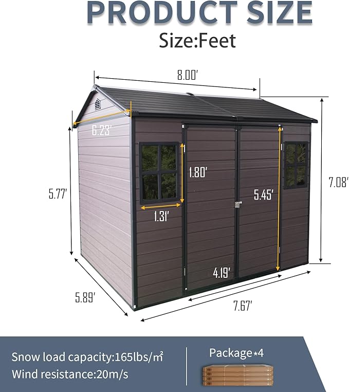 8x6 ft Outdoor Resin Storage Shed with Floor, Waterproof Plastic Garden Shed with Lockable Door and Two Windows, All-Weather Tool Sheds for Backyard, Patio, Lawn (Brown)