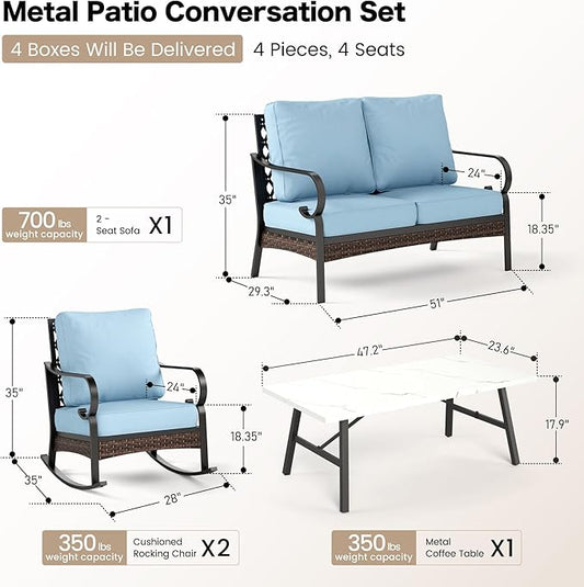 4 Piece Metal Outdoor Patio Furniture Sets, Patio Conversation Sets 1 Loveseat, 2 Rocking Sofa with 5.75" Extra Thick Cushion and Coffee Table, Balck Frame Backyard Furniture, Blue