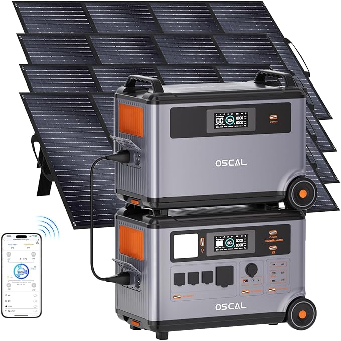 OSCAL 6000W(9000W Peak) Portable Solar Power Station with 4 * 200W Solar Panels, 3600Wh LiFePO4 Battery with 3600Wh Expansion Battery Pack, 2400W Solar Charging Generator for Camping, Home, Emergency