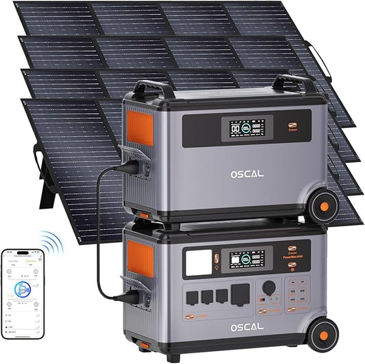 OSCAL 6000W(9000W Peak) Portable Solar Power Station with 4 * 200W Solar Panels, 3600Wh LiFePO4 Battery with 3600Wh Expansion Battery Pack, 2400W Solar Charging Generator for Camping, Home, Emergency