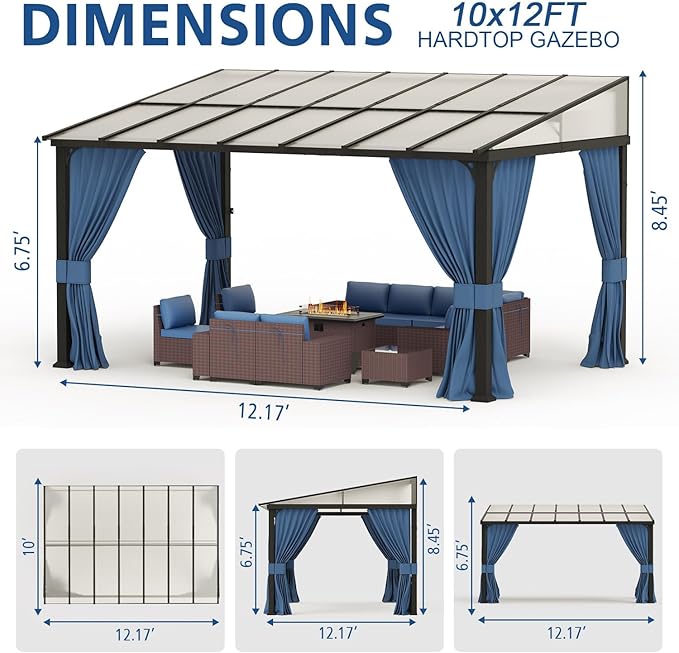 ASJMR 10x14FT Wall Mounted Gazebo Hardtop,Outdoor Wall-Mounted Patio Pergola Metal Frame Double Curtains Gazebo with Sloping Sun Panel Roof for Patio,Garden,Lawn,Pool,Backyard Deck, Navy