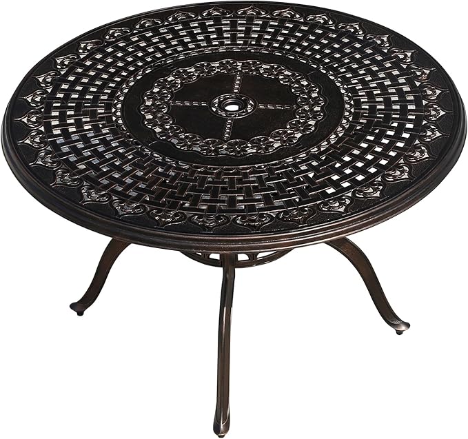 FAPOLITE Outdoor Table Cast Aluminum Round Patio Table with Umbrella Hole All Weather Outdoor Dining Table for Lawn Garden Backyard (100cm Square Lattice Round Table)