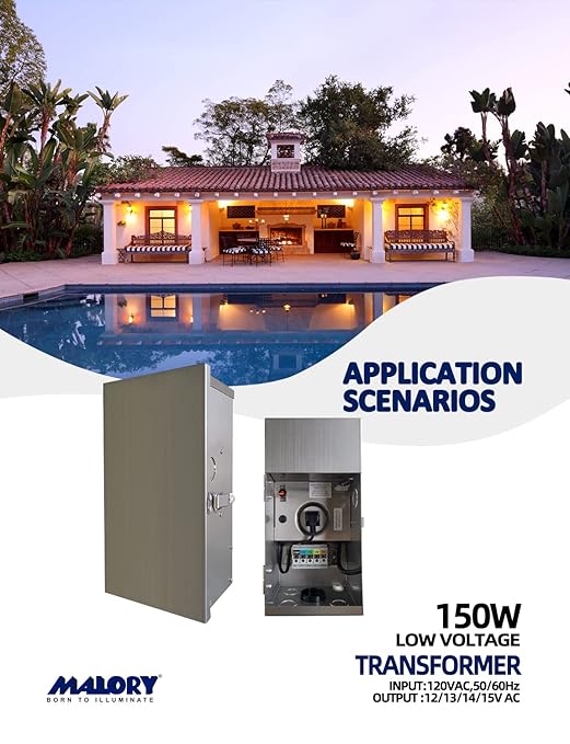 MALORY 150W Low Voltage Transformer with Timer & Photocell for Landscape Lighting,120V AC to 12V/13V/14V/15V Multi-Tap Waterproof Power Supply Outdoor Lights,Yard Lights,Garden Lights Silver