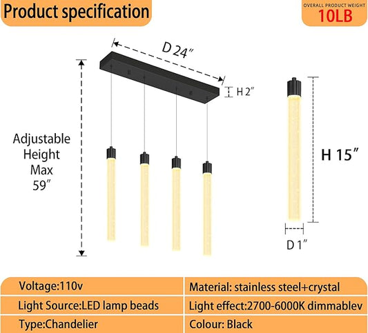 4-Lights Black Modern Crystal Chandeliers for Dining Room Dimmable LED Adjustable Height Hanging Pendant Light for Kitchen Island,Bedroom,Over Table,Living Room