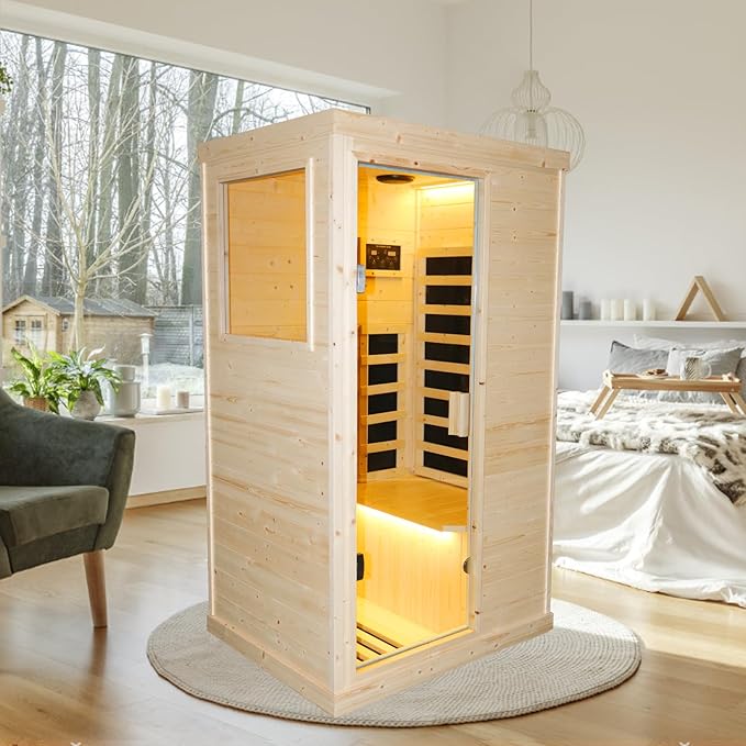Infrared Sauna Home Traditional Sauna for Home Low EMF 1100W for 1 Person Relaxing Backboard with Control Panel, Bluetooth Speaker, Reading Lamp,Top Starry Sky (Natural Wood, 37.4”×27.5“×67.3”)