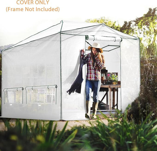 EAGLE PEAK Replacement Cover for 12x8 Portable Walk-in Pop up Greenhouse, Front and Rear Roll-Up Zipper Entry Doors and 4 Large Roll-Up Side Windows (Frame Not Included), White
