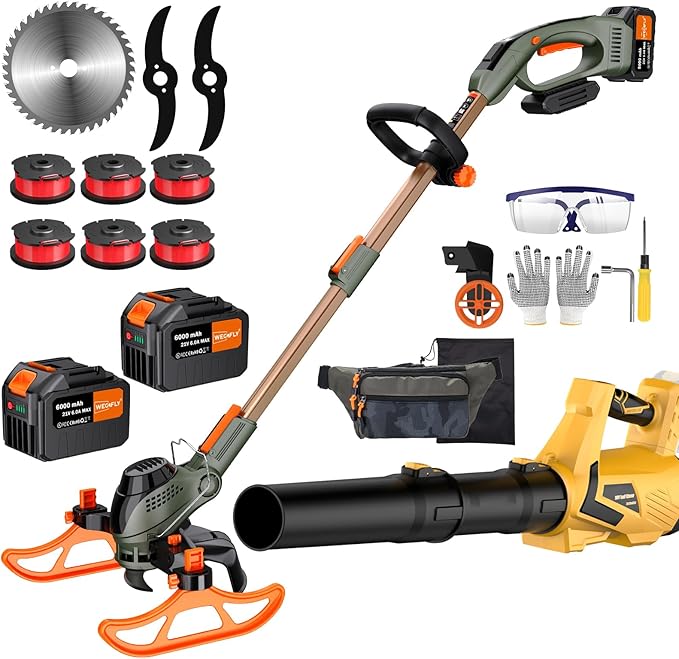 13-Inch String Trimmer Cordless,(2 x 21V 6.0Ah Batteries & Charger), Trimmer/Edger/Lawn Mower/Brush Cutter 4-in-1 + Leaf Blower Cordless, 5-Variable Speed & Turbo Mode/WEG21T