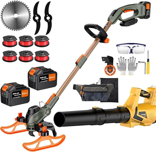 13-Inch String Trimmer Cordless,(2 x 21V 6.0Ah Batteries & Charger), Trimmer/Edger/Lawn Mower/Brush Cutter 4-in-1 + Leaf Blower Cordless, 5-Variable Speed & Turbo Mode/WEG21T