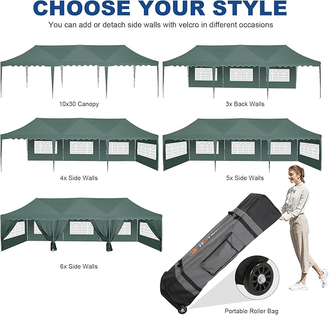 HOTEEL 10x30 Pop Up Canopy with 8 Sidewalls, Easy Setup Party Tent with Weight Bags, Wheeled Bag, Waterproof Event Shelter with Extra Roof Height for Backyard, Wedding (Green Gray)