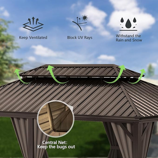 Domi 13x13FT Outdoor Gazebo, Hardtop Gazebo with Galvanized Steel Double Roof, Metal Gazebos with Drainage System Patio Pergola for Patio Deck Backyard,Curtain and Netting,Brown