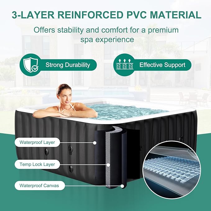 DoCred 2-4 Person Inflatable Hot Tub, 60" X 60" X 25" Square Portable Hot Tub with 120 Bubble Jets, Large Outdoor Spa Blow Up Bathtub Set with Heater Pump, Insulated Cover and Filter