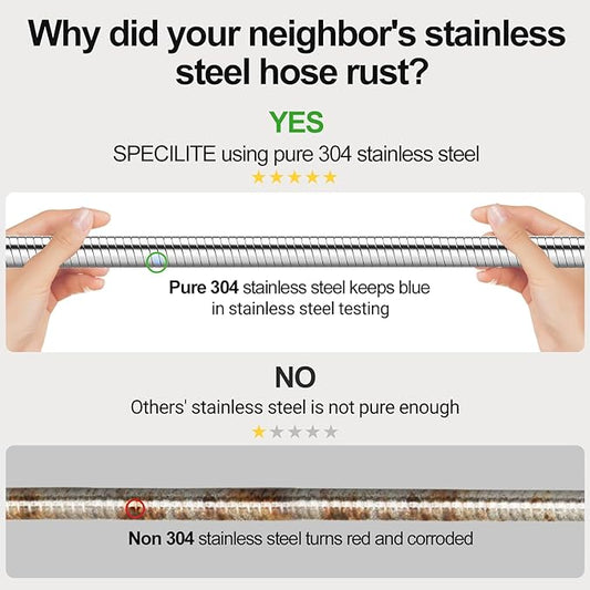 SPECILITE 50ft 304 Stainless Steel Garden Hose Metal, Heavy Duty Water Pipe with Nozzles for Yard, Outdoor - Flexible, Never Kink & Tangle, Puncture Resistant (Sliver)