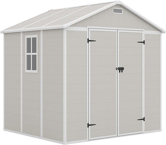 Amopatio 8x6 Storage Shed, Resin Outdoor Shed with Floor Included, Plastic Sheds Outdoor Storage for Bike, Garden Tools, Sheds & Outdoor Storage with Lockable Door, Window & Vents, Sandstone