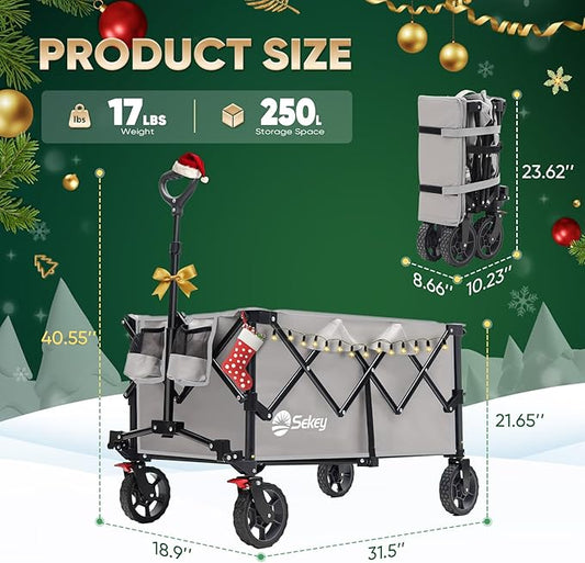 Sekey Collapsible Foldable Wagon with 330lbs Weight Capacity, Heavy Duty Folding Wagon Cart with Big All-Terrain Wheels & Drink Holders. Gray