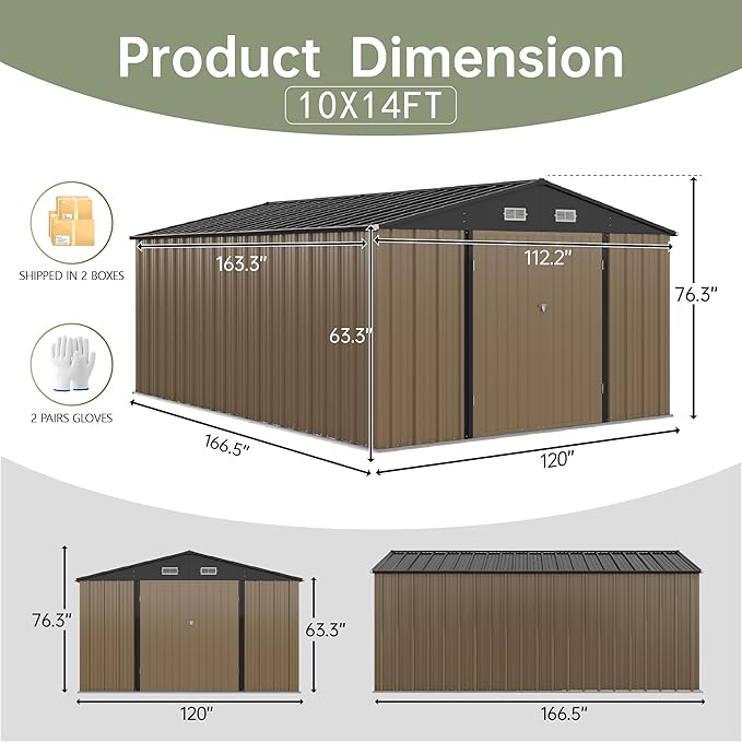 Devoko 10x14 FT Outdoor Storage Shed, Large Metal Storage Sheds with Lockable Door, Utility Garden Tool Shed with Sloping Roof, Outside Steel Storage Sheds for Patio Lawn Backyard, Brown