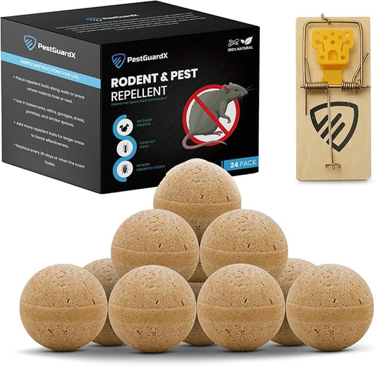 Mouse Rodent Repellent Balls – 24-Pack + 1 Mouse Trap – Powerful Natural Pest Control for Mice, Rats, Squirrels – Long-Lasting Indoor and Outdoor Protection