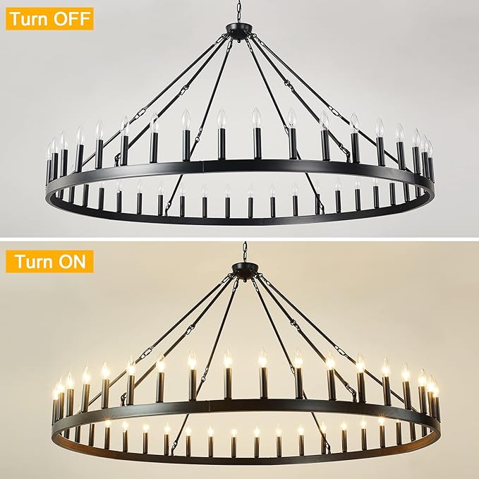 64 Inch Black Extra Large Wagon Wheel Chandelier, 42-Lights Farmhouse Industrial Round High Ceiling Pendant Light Adjustable Chain, for Dining Room, Living Room