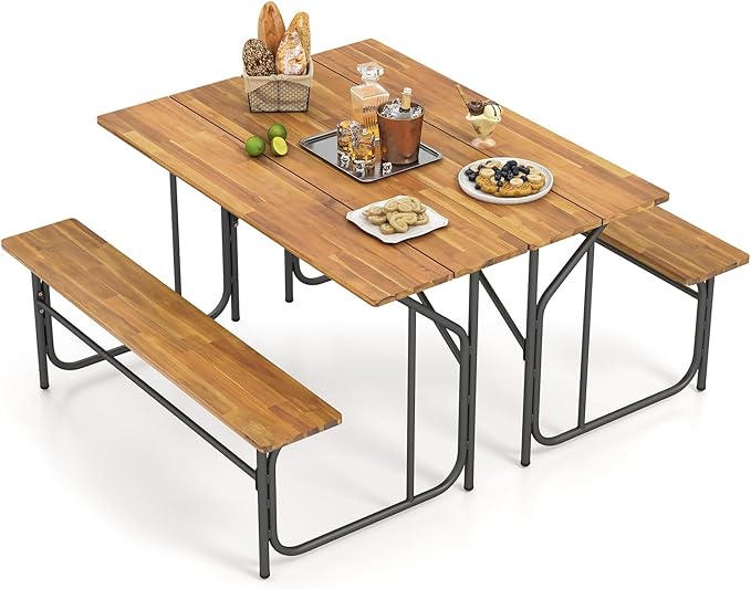Tangkula Patio Dining Bench Set, Heavy-Duty Outdoor Acacia Wood Dining Furniture with Metal Legs for Balcony, Backyard, Poolside, Garden (2,52” x 32” x 29.5”)