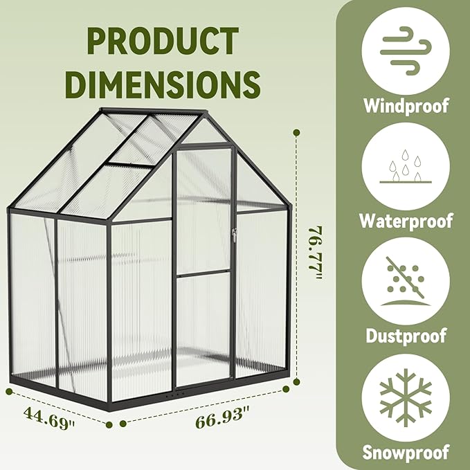 6X4 FT Polycarbonate Greenhouse, Small Walk-in Green House for Outside with Electronic Thermometers, Reinforced Aluminum Frame Greenhouses, Heavy Duty Garden, Patio, Backyard Planting
