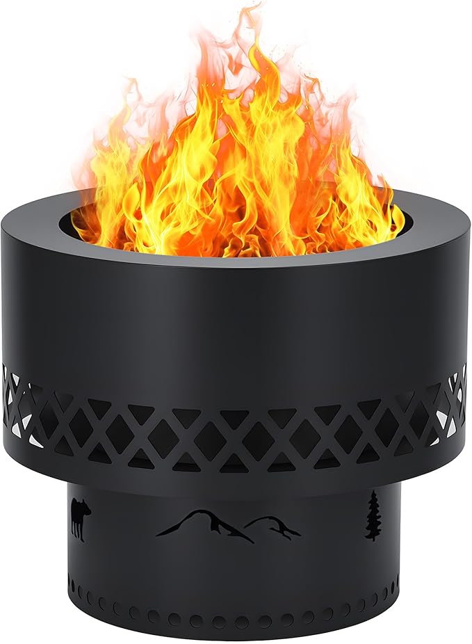16 Inch Smokeless Fire Pit, Wood Burning Outdoor Fireplace with Removable Ash Pan & Dust Bag - Ideal for Patio BBQ, Bonfire, Camping