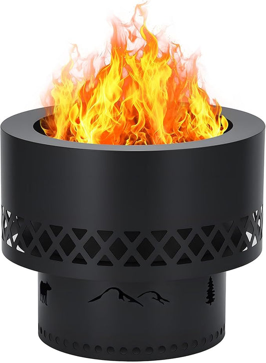 16 Inch Smokeless Fire Pit, Wood Burning Outdoor Fireplace with Removable Ash Pan & Dust Bag - Ideal for Patio BBQ, Bonfire, Camping