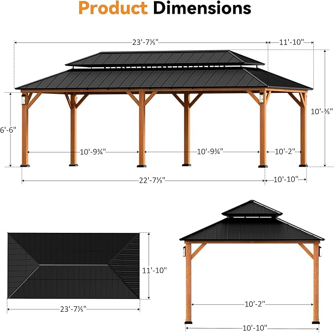 Modern Shade The Horizon Permanent Hardtop Gazebo 12' x 24' with 4 LED Lights, Outdoor Gazebo w/Galvanized Steel Double Roof, Patio Pavilion w/Decor Hooks, Mosquito Netting and Curtains, Wood Grain