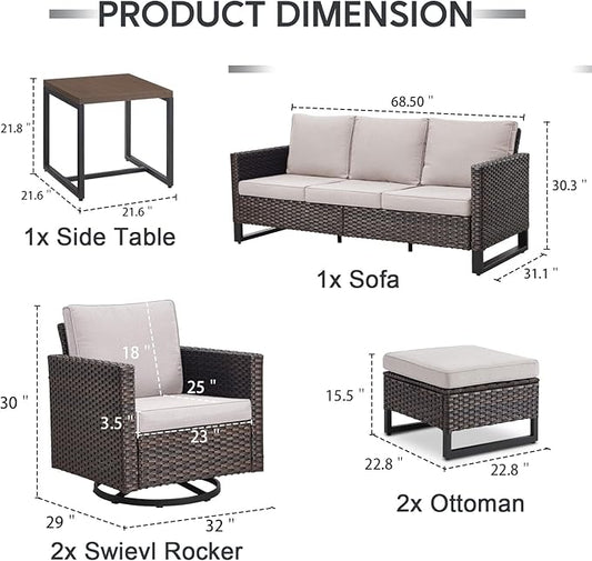 6 Piece Wicker Patio Furniture Set - Outdoor Swivel Rocker Chairs Set with Side Table, 3 Seat Sofa and Ottomans, Small Patio Conversation Sets Proch Furniture for Balcony Deck - Brown/Beige