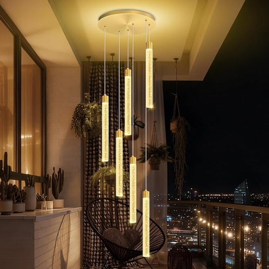6-Light Modern Gold Crystal Chandelier for Spiral Staircase High Ceiling Chandeliers Bubble Crystal Chandelier Lighting Cluster Hanging Light Fixture for Living Room Foyer