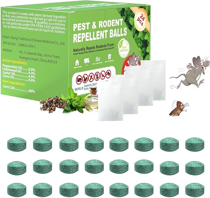 Mouse Rodent Repellent, Peppermint Oil Mouse Balls for Rat Mice, Ant, Roach, Spider, Squirrel, Insect Control Mice Deterrent for Indoor Outdoor Use, for Garden & Home, Family & Pet Safe-24 Pcs