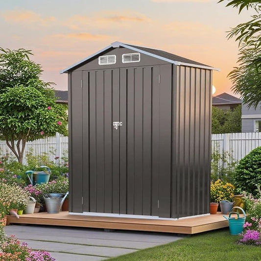 5x3 FT Outdoor Storage Shed, Metal Shed with with Peaked Roof, Lockable Door, All-Weather Lean to Resin Shed for Garden, Backyard, Patio, Lawn (Gray)