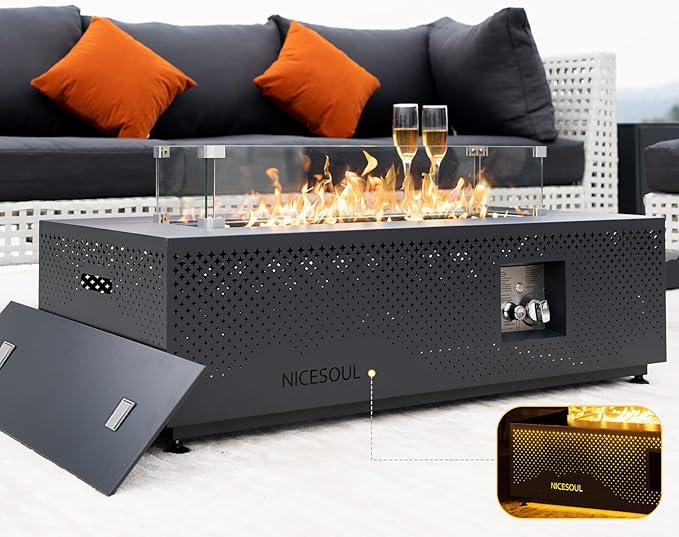 NICESOUL 42'' Propane/Natural Gas Fire Pit Table, Rectangle Firepits with Tank Table, 50000 BTU Modern Outdoor Fireplace with LED Lights for Outside Patio Backyard Deck Porch, CSA Certified, Dark Gray
