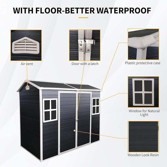 8x4 ft Outdoor Resin Storage Shed with Floor, Waterproof Plastic Garden Shed with Lockable Door and Two Windows, All-Weather Tool Sheds for Backyard, Patio, Lawn (Black)