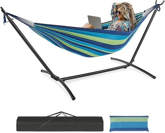 NEWBULIG Double Hammock with Stand, Heavy Duty Portable Hammocks for Outdoor Indoor Patio Camping, Space Saving Design & Carry Bag, Easy Assembly, 450lb Weight Capacity, Blue & Green