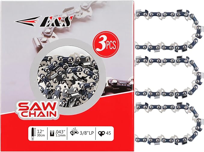 E & S 3 Pack 12 Inch Chainsaw Chain 3/8" LP Pitch .043" Gauge 45 Drive Links Semi-Chisel Chain Saw Chains for Husqvarna, Poulan, Craftsman, Greenworks and More Chainsaw Brands