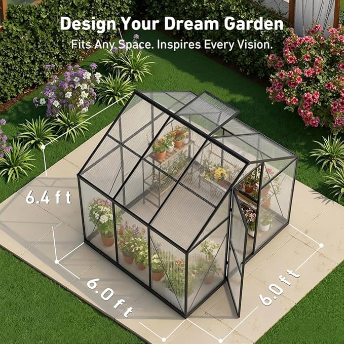 6x6 FT Greenhouse, Outdoor Walk-in, Aluminum Frame & Polycarbonate Panels, Sliding Lockable Door, Screened Vent Window, Ground Nails, Quick Setup for Garden Backyard, Black