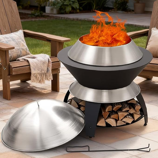 ONBRILL 26 Inch Smokeless Firepit, Outdoor Fire Pit with Waterproof Lid, Removable Ash Pan, Handbag, 2 in 1 Stainless Steel Potable Fire Pits for Outside Wood Burning, Bonfire, Camping, Picnic, Black