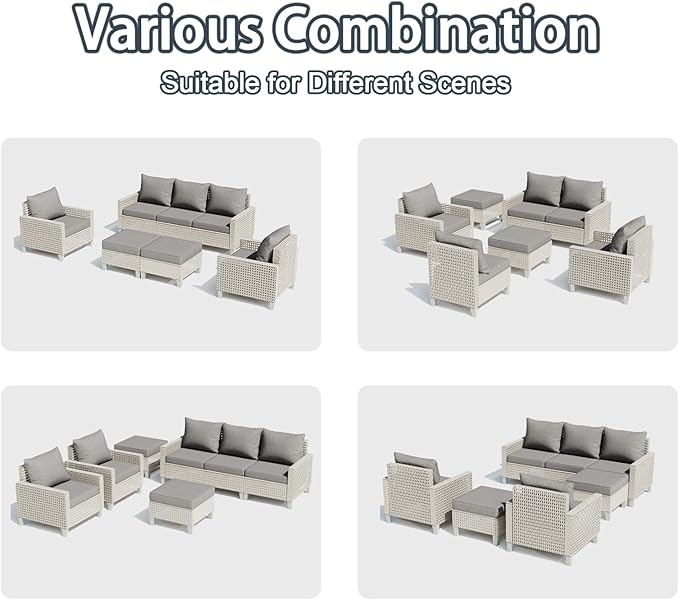 Outdoor Patio Furniture Set 14-Piece Modular Wicker Sectional Sofa with Ottomans and Thick Cushions, Modern Rattan Outdoor Conversation Couch for Garden Backyard, Grey