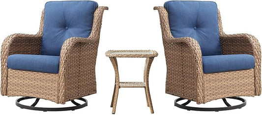 Belord Outdoor Swivel Rocker Patio Chairs - 360 Degree Swivel Glider Seating 350LBS Weight Capacity 3 Piece Wicker Rocking Chairs Set with Side Table for Porch Balcony Deck, Yellow/Blue