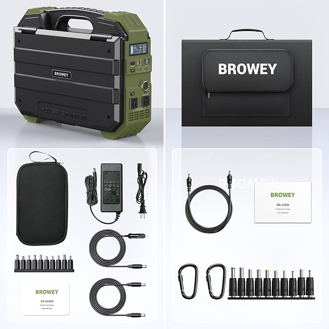 BROWEY 1600W (3200W Peak) Portable Power Station with 120W Solar Panel, 1024Wh LiFePO4 Battery with Built-in Solar Panel, Fast Charging, Solar Generator for Camping, RV, Home Backup, Emergency