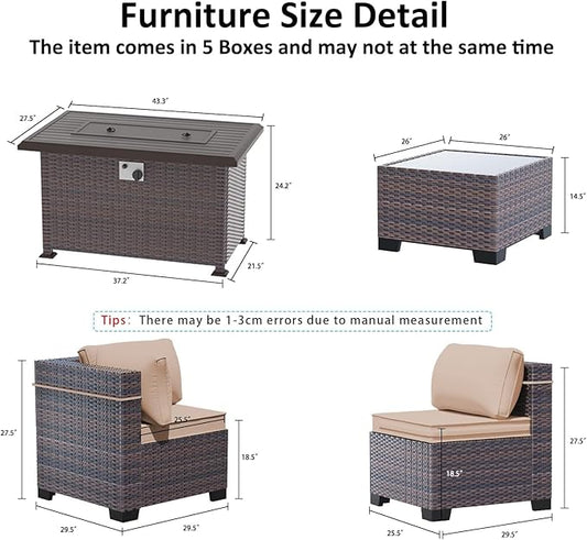 11 Pieces Patio Furniture Set with 2 Swivel Chairs Patio Furniture Outdoor Sectional Sofas with 55000 Gas Fire Pit Patio Conversation Set w/7 Cushions-Brown