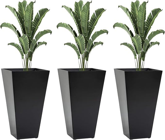 Outsunny Tall Planters for Outdoor Plants Set of 3, 28 in Taper Planters with Drainage Holes, Indoor Grande Plant Pots, Front Porch Decor (Black)