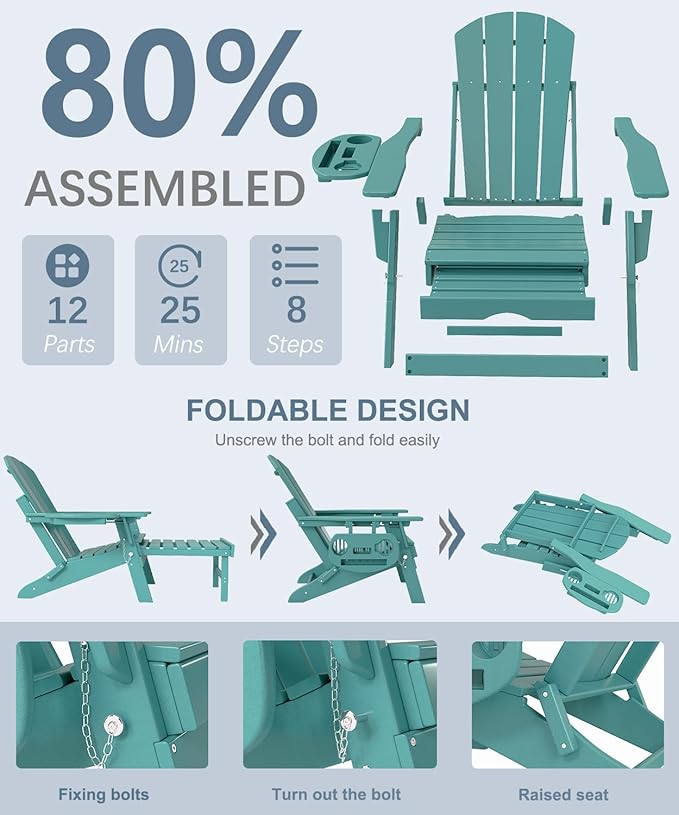 Adjustable Adirondack Chair with Retractable Ottoman Set of 2, HDPE Folding Adirondack Chair with Cup Holder, All Weather Fire Pit Chair for Outdoor.
