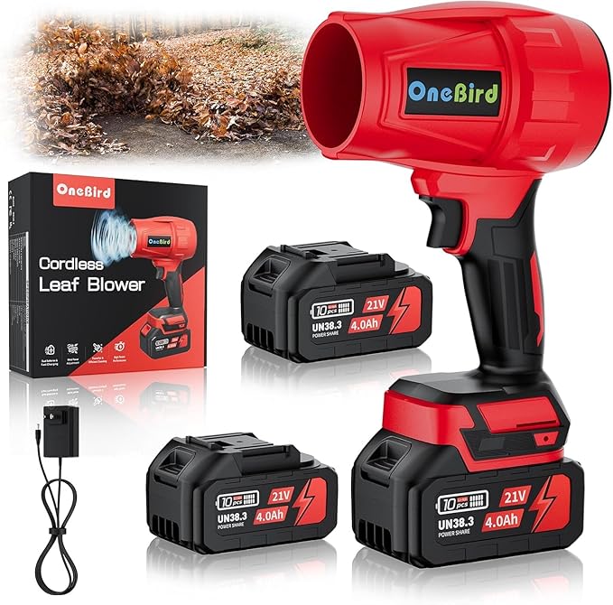 Cordless-Leaf-Blower-Electric Leaf Blower for Lawn Care 560 CFM-Handheld Blower Portable with Battery and Charger with 21V-4.0Ah-2 Batteries, Lightweight Blower for Patio Cleaning dust -red